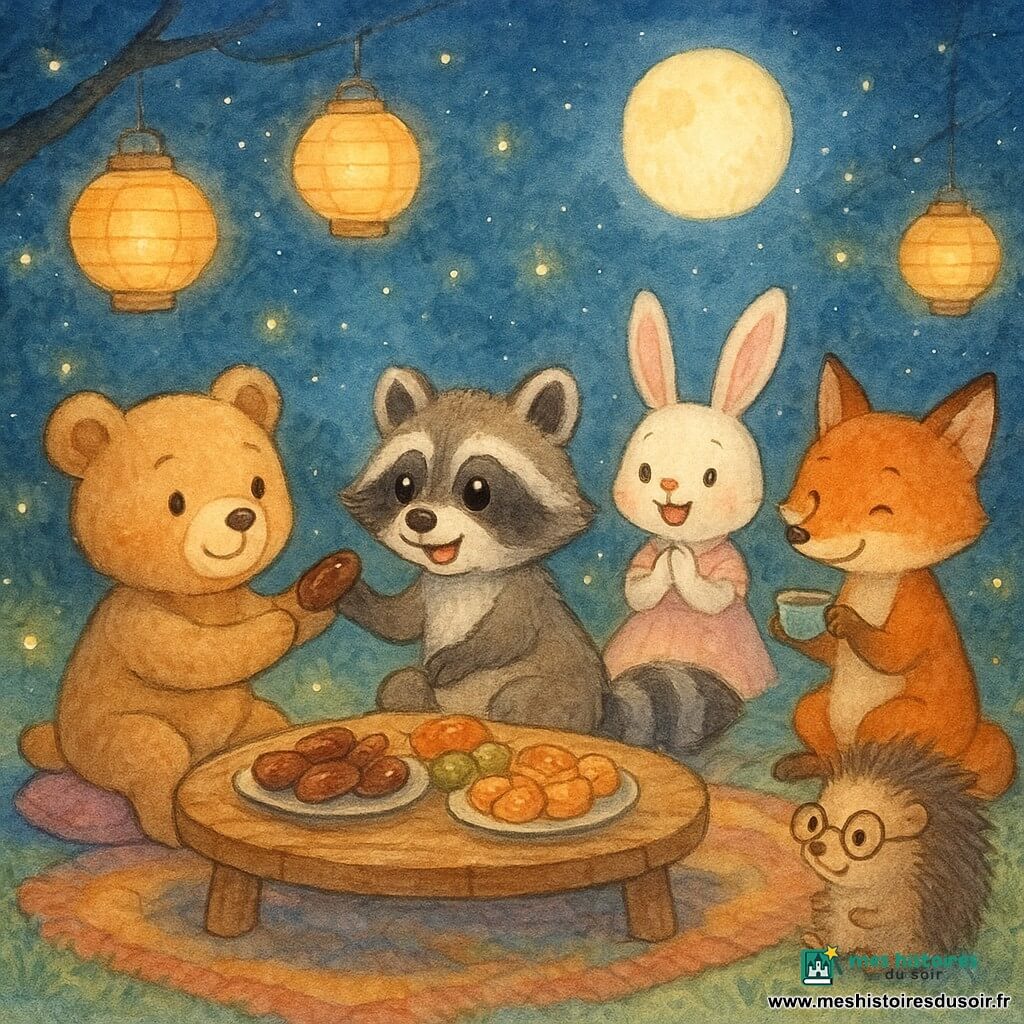 Un petit ours en peluche brun clair souriant tend une datte à Petit Léo, un raton laveur rayé émerveillé, tandis que Lila la lapine blanche applaudit doucement, Max le renard roux rit en tenant une tasse et Ti‑Pic le hérisson curieux est recroquevillé près d'une table basse; la scène se déroule dans une clairière nocturne sous la lune avec tapis, lanternes, lucioles et un repas d'Iftar partagé de dattes, fruits et pâtisseries dans une ambiance chaleureuse et magique.