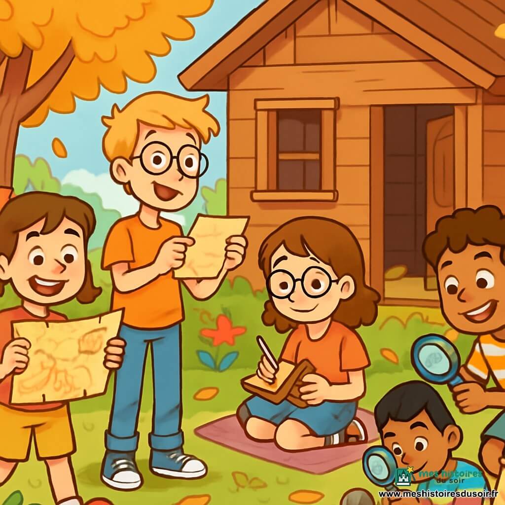 Cinq enfants participent à une chasse au trésor : Lucie, 9 ans, souriante avec des cheveux bruns et un chouchou rouge, tient une carte ; Marius, 10 ans, grand et mince avec des lunettes, lit une énigme ; Adèle, 9 ans, cheveux châtains et lunettes rondes, prend des notes assise sur une couverture ; Thomas, 8 ans, petit et dynamique avec des cheveux bouclés, court autour de la cabane ; Amir, 9 ans, examine une pierre avec une loupe. Ils se trouvent dans une cabane en bois rustique, entourée d'un jardin verdoyant avec des fleurs colorées et des arbres aux feuilles dorées. La scène est joyeuse, les enfants rient et s'amusent, chacun concentré sur sa tâche, parmi des feuilles tombées et des objets cachés.