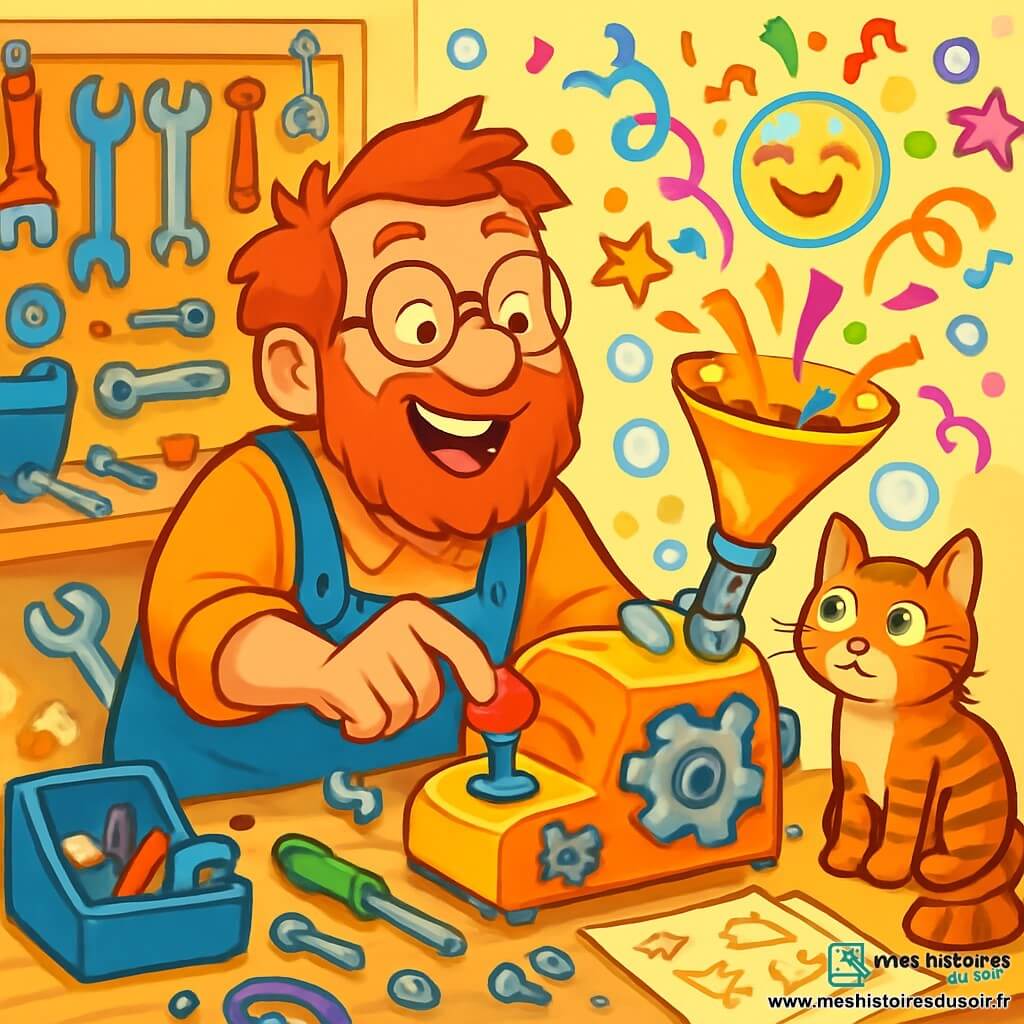 Hector, un homme jovial avec une barbe en bataille et des lunettes rondes, travaille avec enthousiasme sur sa machine à sourires. Son visage rayonne de joie et d'excitation, tandis que son chat Pistache, aux poils tigrés, l'observe curieusement. L'atelier est encombré d'outils colorés, de pièces de métal brillantes et de croquis, créant une ambiance chaotique mais inspirante. Des bulles de savon flottent dans l'air, ajoutant une touche de magie. En appuyant sur un bouton rouge, Hector déclenche une explosion de couleurs, de confettis et de rires, transformant son atelier en un festival de joie.