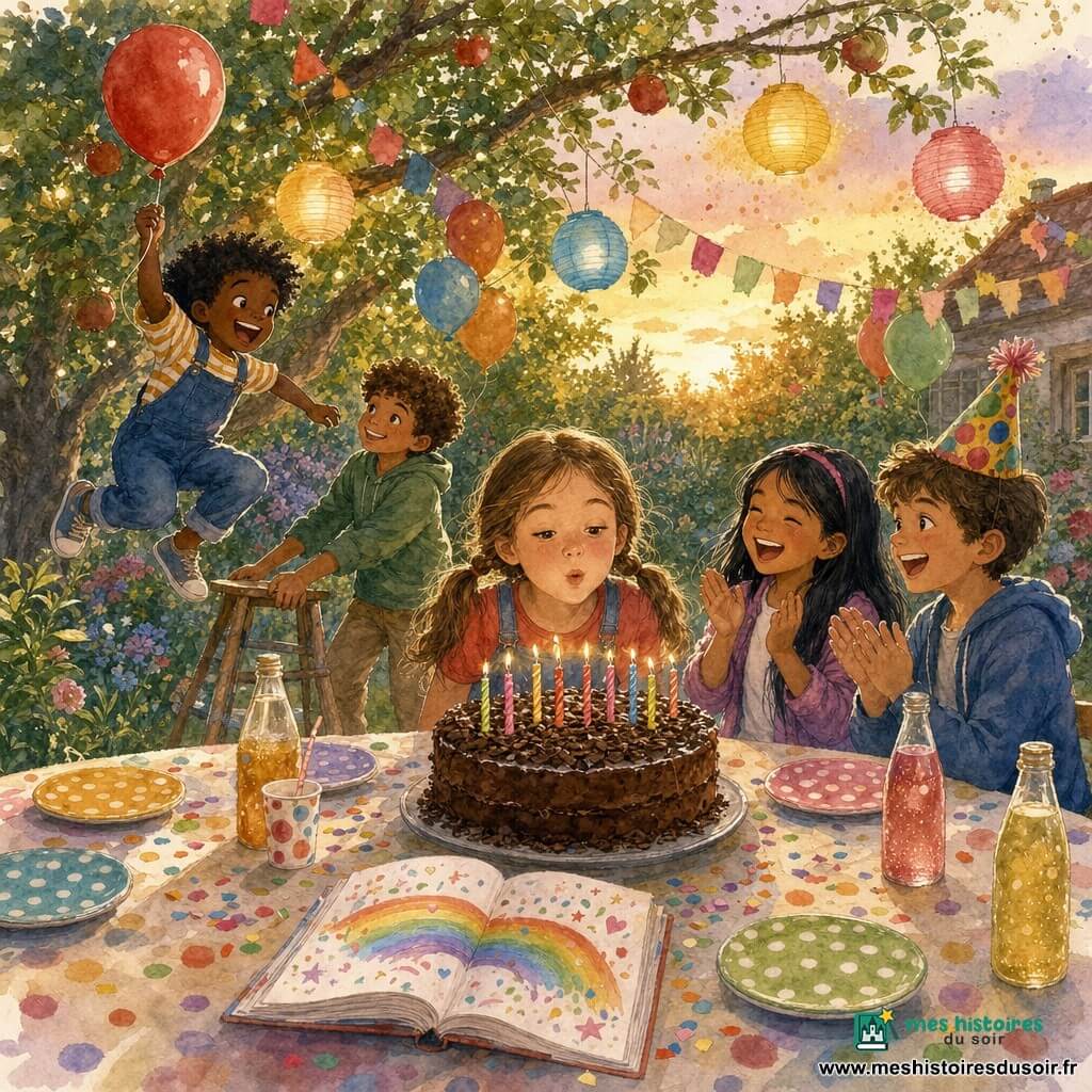 Nora, 10 ans, souriante, cheveux châtain clair en deux couettes souffle les bougies d’un gros gâteau au chocolat; à sa gauche Lucien, ~6 ans, cheveux en bataille, saute en tenant un ballon rouge, Timéo, ~9–10 ans, cheveux bouclés, stabilise un tabouret, à sa droite Jade, ~10 ans, cheveux noirs et bandeau, applaudit en riant, et Yassine, ~10 ans, coiffé d’un chapeau de fête, tape des mains près de la table; sur la table gâteau aux bougies multicolores, assiettes à pois, jus pétillants et petit carnet arc‑en‑ciel, le jardin en fin d’après‑midi présente pelouse, guirlandes et lanternes dans un pommier, ballons et confettis; ambiance chaleureuse pastel, touches aquarelle et lumière douce du crépuscule exprimant joie et convivialité.