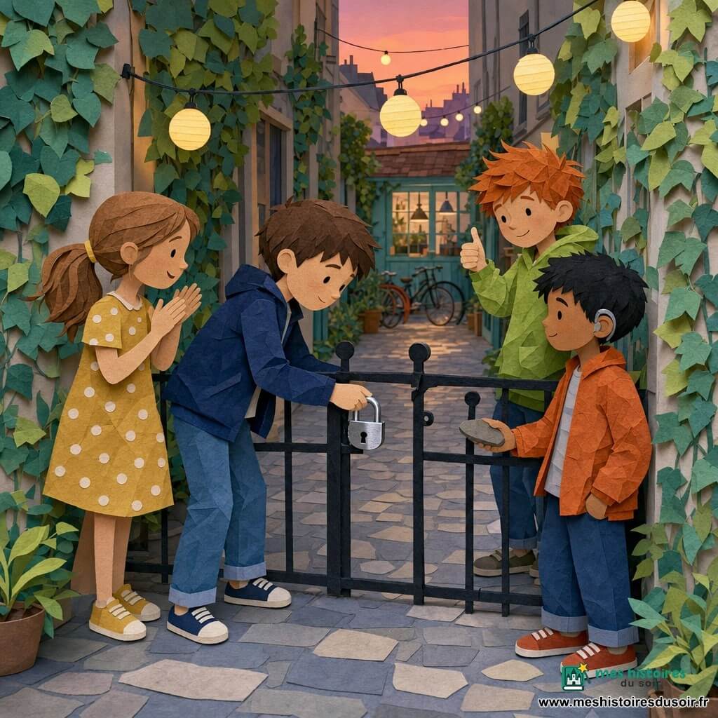 Quatre enfants dans un passage étroit entre deux immeubles au crépuscule : Léo, ~9 ans, cheveux bruns courts, veste bleu marine, ferme un cadenas argenté sur une grille noire au centre de la scène ; Lina, ~8 ans, queue de cheval châtain clair, robe jaune à pois, applaudit à gauche ; Noé, ~9 ans, cheveux roux ébouriffés, sweat vert, lève le pouce à droite en retrait ; Samir, ~8 ans, peau mate, cheveux noirs courts, appareil auditif, veste orange, tient une pierre lisse et se tient légèrement devant à droite. Sol pavé gris, murs couverts de plantes vert tendre en papier découpé, petites lampes rondes suspendues comme des lunes jaunes, au fond bicyclettes et vitrine d'atelier pastel ; ciel rose saumon, lumière douce et ombres longues, ambiance de fierté et de respect, textures et contours de collage visibles.