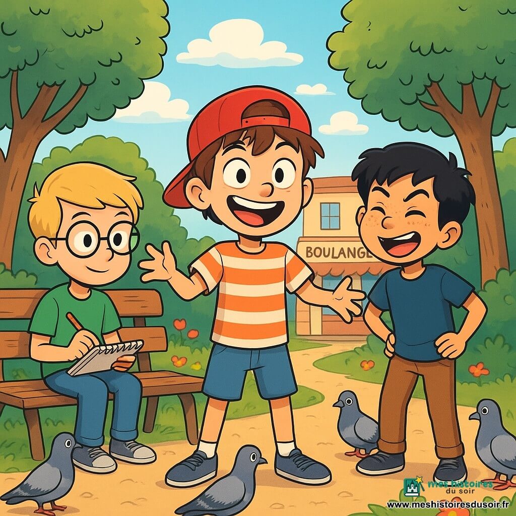 Il y a trois personnages : Léo, un garçon de 10 ans avec des cheveux bruns en bataille et un grand sourire, portant une casquette rouge à l’envers et un t-shirt rayé, se tient au centre, les bras écartés. Mathis, 11 ans, avec des lunettes rondes et des cheveux blonds bien coiffés, prend des notes sur un carnet assis sur un banc. Sami, 10 ans, avec des cheveux noirs et des taches de rousseur, fait une grimace hilarante à droite de Léo. Ils sont dans un petit parc à Bouzinville, entourés d'arbres et de fleurs, avec une boulangerie en arrière-plan. Les trois amis discutent avec enthousiasme, Léo lance un défi, Mathis prend des notes et Sami fait une grimace, créant une ambiance joyeuse.
