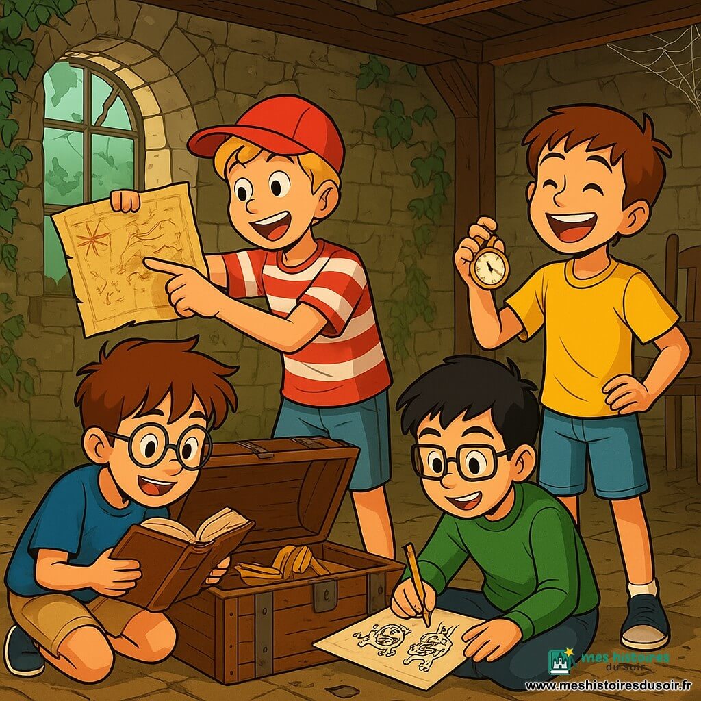 Quatre enfants explorent une vieille maison abandonnée. Martin, 9 ans, a des cheveux bruns en bataille et des lunettes rondes, il examine un vieux livre dans une malle. Lucas, également 9 ans, a des cheveux blonds et porte une casquette rouge, il pointe une carte ancienne. Tom, avec des cheveux noirs et des lunettes carrées, dessine des monstres sur une feuille. Sam, aux cheveux châtains et souriant, tient une vieille montre. La maison a des murs en pierre couverts de lierre, avec des meubles en bois et des toiles d'araignées. Les enfants découvrent le trésor dans la malle, partageant leur joie et explorant les mystères du passé ensemble.