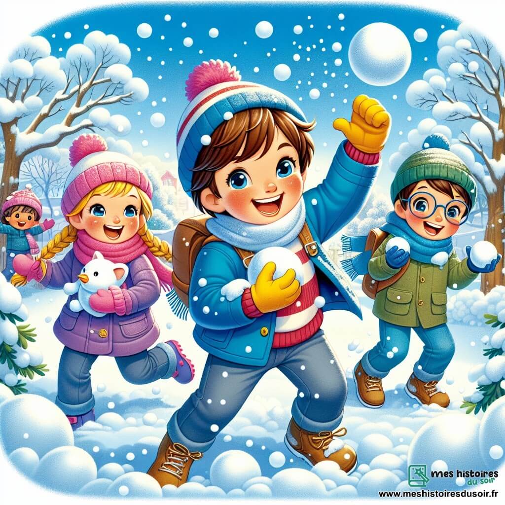Lucas, un garçon de 9 ans aux cheveux bruns en bataille et aux joues rosies par le froid, rit en lançant une boule de neige. Il porte un manteau bleu vif, un bonnet rouge et des gants jaunes. À ses côtés, Emma, 8 ans, avec des cheveux blonds tressés, sourit en tenant une boule de neige, vêtue d'une écharpe rose et d'une combinaison violette. Tom, 9 ans, avec des lunettes et des cheveux châtains, se cache derrière un arbre, préparant une boule de neige, vêtu d'une veste verte. La scène se déroule dans un jardin enneigé, où la neige recouvre le sol et les arbres sont chargés de neige, sous un ciel bleu éclatant. Lucas et ses amis sont en pleine bataille de boules de neige, leurs rires résonnant dans l'air frais, capturant la magie d'une journée d'hiver.