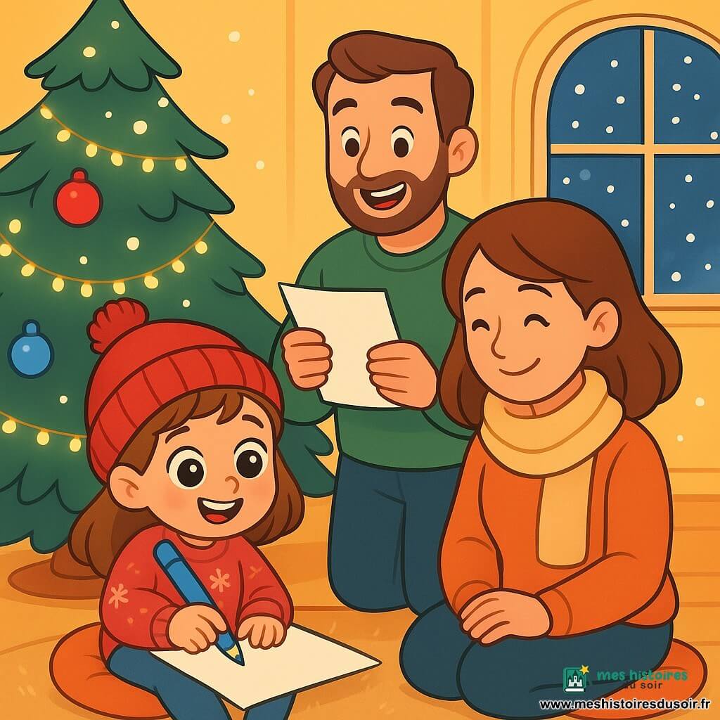 Une petite fille de 4 ans, Lila, avec de grands yeux brillants et un sourire radieux, est assise près d'un sapin de Noël décoré. Elle porte un bonnet rouge et un pull avec des flocons de neige, tenant un gros crayon bleu. À côté d'elle, sa maman souriante l'observe tendrement, assise sur un coussin. Son papa, joyeux, lit la liste des souhaits à voix haute. La scène se déroule dans une maison chaleureuse avec des murs jaunes, des fenêtres embuées et une lumière dorée. Lila écrit des souhaits sur une feuille blanche, entourée de l'amour de sa famille, tandis que la magie de Noël emplit l'air de joie.
