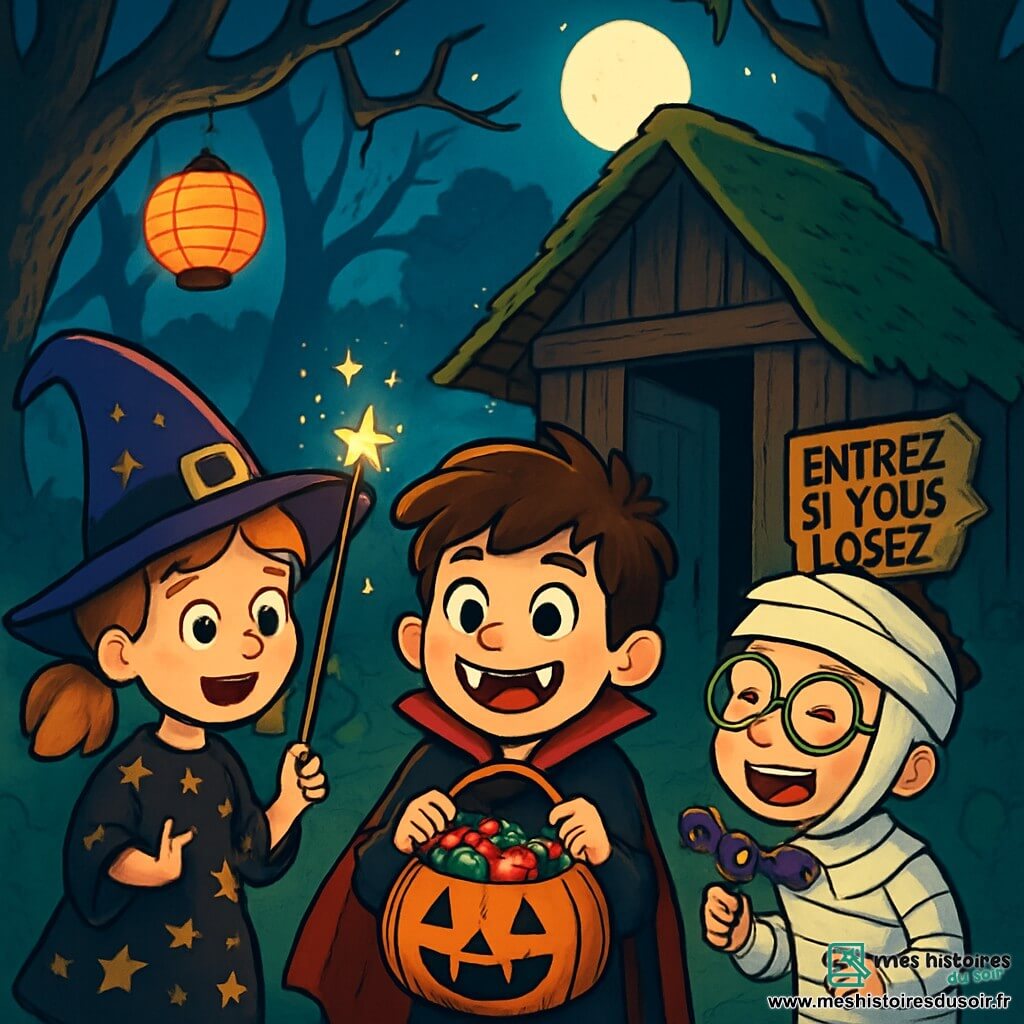 Il y a trois personnages : Léo, un garçon de 9 ans avec des cheveux bruns en bataille, vêtu d'un costume de vampire amusant avec une cape rouge et des dents en plastique, souriant au centre avec un grand sac à bonbons ; Zoé, une fille de 9 ans avec des couettes rousses et un chapeau de sorcière clignotant, portant une robe noire ornée d'étoiles dorées à gauche de Léo, faisant un geste de magie avec une baguette scintillante ; Max, un garçon de 9 ans avec des lunettes et déguisé en momie en papier toilette, légèrement en retrait à droite de Léo, riant et tenant un bonbon en forme de chauve-souris. L'action se déroule dans une clairière mystérieuse du Bois Sombre, entourée d'arbres noueux, avec la lumière de la lune filtrant à travers le feuillage et illuminant des lanternes en papier. Au centre, une vieille cabane en bois, couverte de mousse, avec une porte grinçante et une pancarte "Entrez si vous l’osez". Les trois amis, excités et courageux, se tiennent devant la cabane abandonnée, prêts à entrer pour découvrir un trésor de bonbons, leurs visages illuminés par la lumière des lanternes, mêlant appréhension et enthousiasme pour leur aventure d'Halloween.