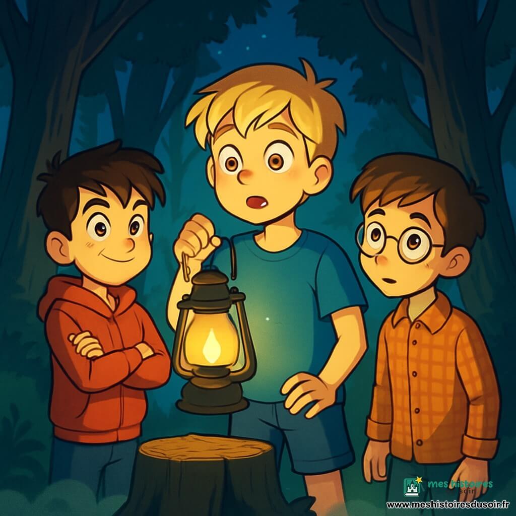 Trois personnages se trouvent dans une forêt dense et mystérieuse : Hugo, un garçon de 11 ans aux cheveux blonds et aux yeux dorés, portant un t-shirt bleu et un short en jean, tient une vieille lanterne cabossée avec émerveillement ; Yanis, également âgé de 11 ans, avec une mèche brune et un sweat à capuche rouge, affiche un sourire courageux ; Lucien, aux cheveux châtains et lunettes rondes, en chemise à carreaux, observe pensivement. La forêt est peuplée de grands arbres sous un ciel étoilé, avec une lumière lunaire créant des ombres et une brume légère ajoutant du mystère. Les garçons découvrent une lanterne flottante, illuminée d'une douce lueur dorée, fascinés et un peu effrayés, tandis que la forêt semble vivante, prête à révéler ses secrets.