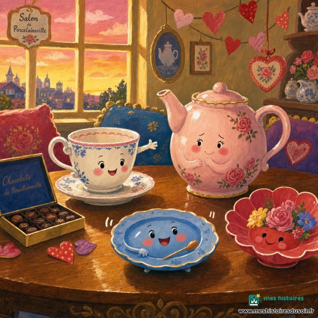 Théodore, petite tasse en porcelaine blanche à motifs floraux bleus et roses, souriant et tendant son anse, présente la Saint‑Valentin à Rose, théière ronde en céramique rose poudré, timide et émue, sur une table en bois verni au centre d’un salon nommé Porcelaineville, entourés d’amis de vaisselle — une petite assiette bleue joue doucement en tapotant son bord et une assiette rouge à pétales tient des fleurs — ambiance douce, lumineuse et affectueuse avec coussins colorés, guirlandes de cœurs, boîte de chocolats ouverte et rayons dorés filtrant par une grande fenêtre sur un ciel rose‑orangé au crépuscule, couleurs chaudes et textures peintes à la gouache.