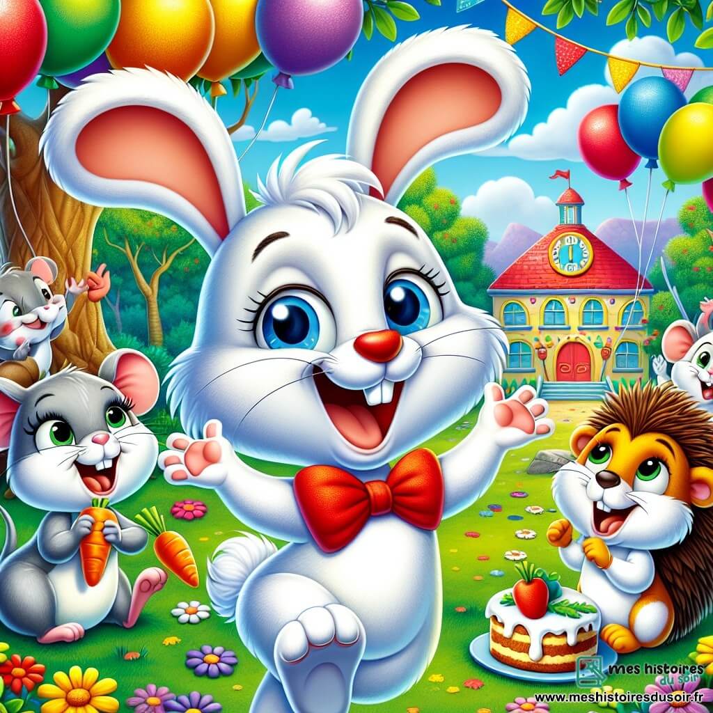 Léo, un petit lapin espiègle aux grandes oreilles et à la queue duveteuse, saute de joie dans la cour de l'école avec un grand sourire. Il porte un nœud papillon rouge vif qui contraste avec son pelage blanc. À ses côtés, Mimi la souris applaudit avec enthousiasme, Max le hérisson sourit en tenant un morceau de gâteau aux carottes, et Bella la tortue les regarde avec bienveillance. La cour est remplie de ballons multicolores, entourée d'arbres et de fleurs, sous un ciel bleu parsemé de nuages. Léo et ses amis célèbrent son anniversaire dans une ambiance festive et magique, entourés de rires et de confettis.