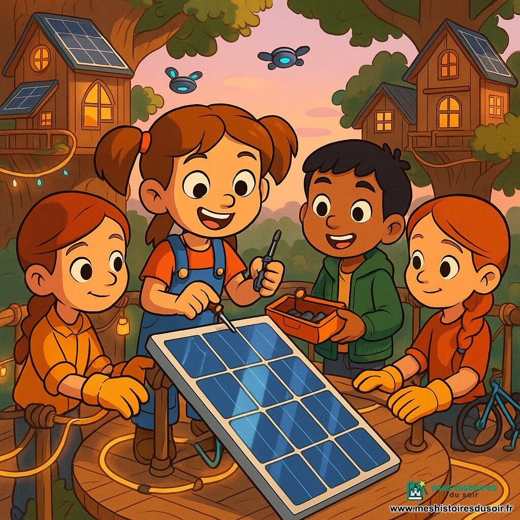 Émilie, 8 ans, joyeuse et concentrée, cheveux châtain clair en couette, salopette bleue tachée de peinture, ajuste une vis sur un panneau solaire incliné; à sa droite Léo, 8 ans, curieux, cheveux courts noirs, veste verte, tend un tournevis depuis une trousse à outils ouverte; à gauche Mia, 8 ans, calme, cheveux roux en tresse, gants jaunes, maintient le panneau; arrière-plan : plateforme ronde en bois perchée sur un tronc d'arbre géant avec maisons dans les branches, lanternes et câbles lumineux; détails : panneaux solaires brillants, petits drones lumineux, vélos électriques; ambiance : fin d'après-midi dorée, ombres douces, ciel rosé; style : rendu 3D cartoon cel-shading, couleurs saturées, traits nets, composition centrée sur les enfants réparant le panneau.