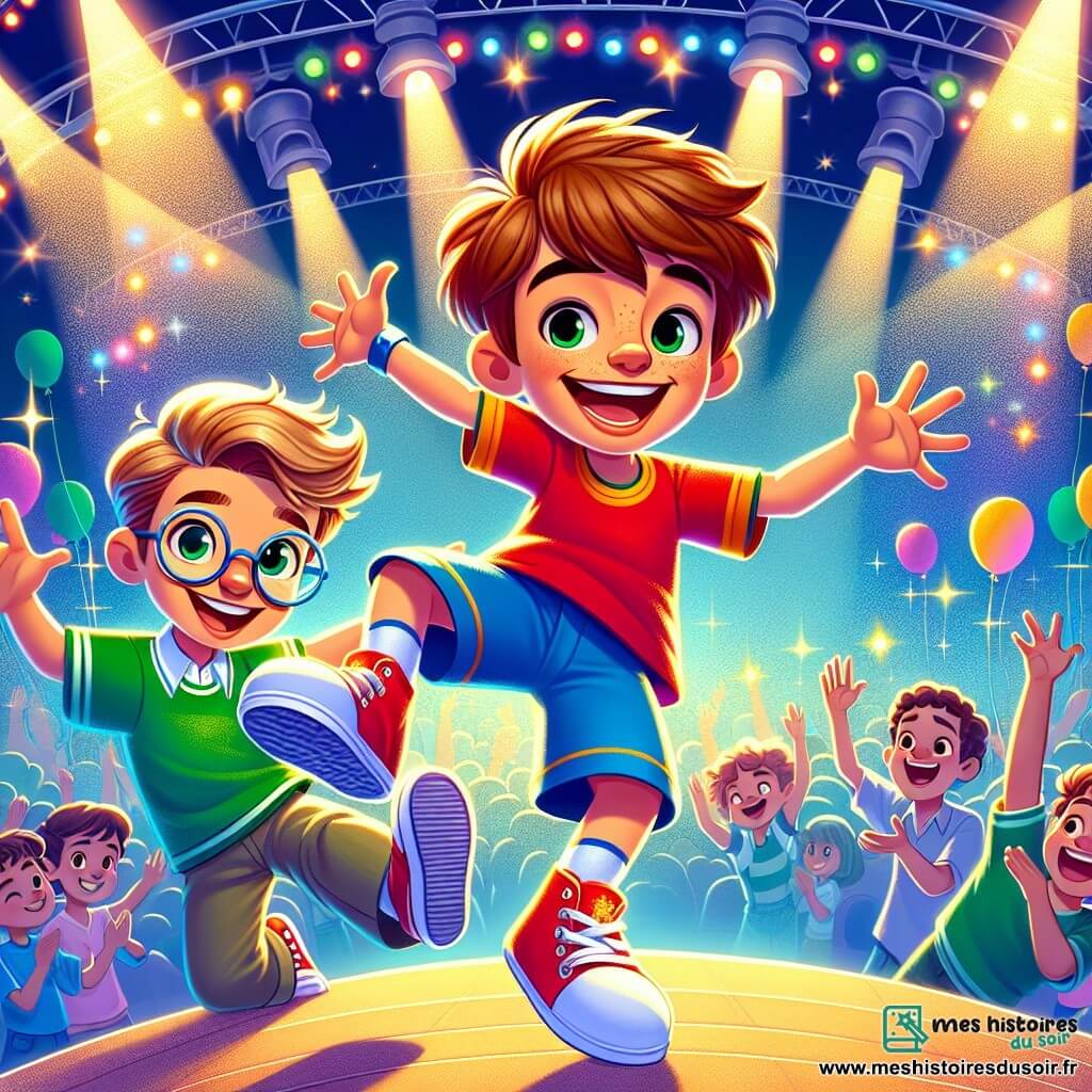 Lucas, un garçon de 8 ans aux cheveux bruns en bataille et au grand sourire, effectue une pirouette joyeuse sur une scène de danse. Il porte un t-shirt rouge et un short bleu, tandis que ses baskets blanches brillent sous les lumières. À ses côtés, Tom, également âgé de 8 ans, aux cheveux blonds et lunettes rondes, applaudit avec enthousiasme, vêtu d’un t-shirt vert et d’un pantalon noir. La scène, décorée de ballons colorés et de guirlandes scintillantes, est pleine de joie et d’énergie, montrant leur complicité et leur amitié alors qu'ils dansent ensemble.