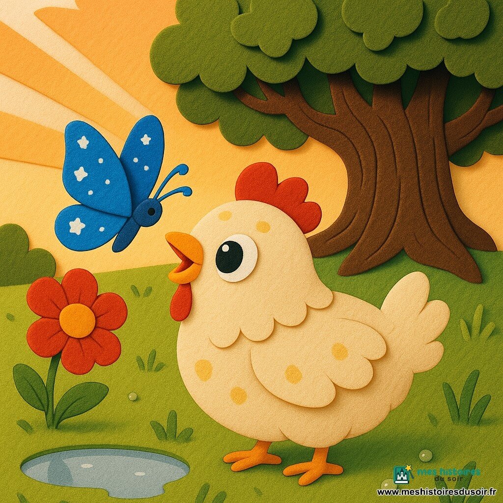 Plume, petite poule ronde et duveteuse crème tachée de jaune pâle aux grands yeux émerveillés, tend le bec vers un papillon bleu électrique aux ailes marbrées d'étoiles blanches; une fleur rouge vif penche vers elle près d'un étang miroitant, un vieux chêne sombre se dresse en arrière-plan, la prairie verte ponctuée de perles de rosée sous un coucher de soleil orange crée une scène calme, joyeuse et centrée, lisible pour les enfants.