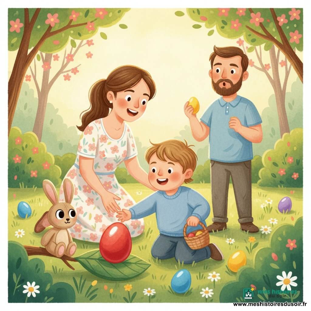 Un garçon de 2 ans, tout sourire et joufflu, tient un petit panier et découvre un œuf de Pâques rouge brillant sous une feuille pendant qu'une maman d'environ 30 ans, agenouillée et souriante en robe à fleurs pastel, tend la main pour l'aider et qu'un papa barbu, un peu en retrait, tient un œuf jaune; à côté, un petit lapin en peluche beige est posé sur une branche basse; le jardin lumineux, herbe verte parsemée de pâquerettes, arbres à fleurs roses et quelques œufs colorés, baigne dans une chaude lumière du matin avec ombres douces et textures gouache — scène de chasse aux œufs douce et joyeuse, le garçon, émerveillé, tend la main vers l'œuf rouge.