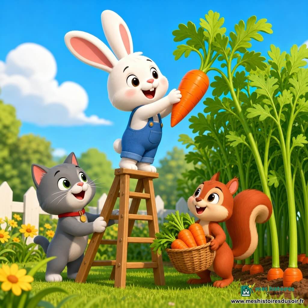 Un lapin blanc aux grandes oreilles roses, joyeux et concentré, monte une échelle en bois pour cueillir une grosse carotte brillante, aidé par un écureuil roux qui tend un panier au pied de l’échelle et par un chat gris qui stabilise l’échelle ; le jardin ensoleillé et coloré, avec des rangs de carottes, une petite clôture blanche et des fleurs, dégage une ambiance chaleureuse et conviviale.