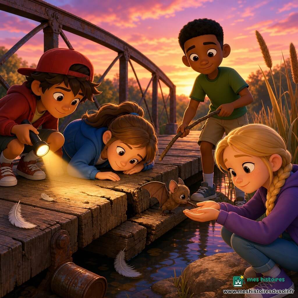 Quatre enfants d'environ 9–10 ans sur un vieux pont piéton en bois aux planches fendillées: Chloé, fille aux cheveux châtain clair en queue de cheval, genoux à terre au centre du pont, colle l'oreille à une fissure; Léo, garçon aux cheveux bruns et casquette rouge à l'envers, accroupi à gauche, éclaire la fissure d'une petite lampe; Samir, garçon à la peau mate et t-shirt vert, se tient à droite, tenant délicatement une branche; Zoé, fille blonde en tresses, légèrement en avant sur la rive, tend la main pour accueillir une petite chauve-souris brune au pelage duveteux et aux grands yeux noirs qui sort de la fissure; la rivière calme reflète un ciel de coucher de soleil rose-orangé, l'éclairage crée un halo chaud et l'ambiance est douce, concentrée et héroïque.