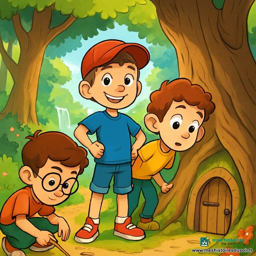 Trois garçons se tiennent dans une forêt enchantée. Malo, 10 ans, avec une casquette rouge, est au centre, prêt pour l'aventure. Sami, aussi 10 ans, écoute attentivement avec curiosité. Lucien, portant des lunettes rondes, est accroupi à gauche, dessinant dans la terre. Ils découvrent une petite porte en bois cachée sous une racine, émerveillés par ce mystère qui les invite à entrer dans un monde magique.