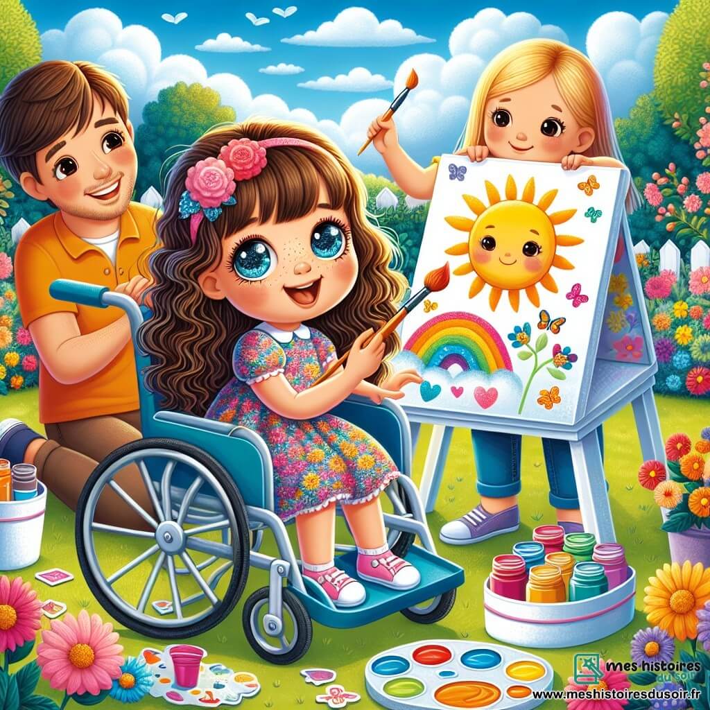 Dans un jardin ensoleillé, une petite fille de trois ans, Julie, est assise dans sa chaise roulante, avec de grands yeux brillants et des cheveux bouclés châtains. Elle porte une robe colorée à fleurs et tient un pinceau. À côté d'elle, son petit frère de deux ans, Léo, sourit en tenant une boîte d'autocollants colorés. Leur papa, un homme souriant avec une barbe brune, se tient derrière Julie, l'encourageant. Maman, aux cheveux longs et noirs, est assise sur une chaise de jardin, souriante. Le jardin est rempli de fleurs multicolores, et une grande table blanche est couverte de pots de peinture. Julie peint un grand soleil jaune sur une feuille blanche, tandis que Léo lui montre ses autocollants. La scène illustre l'amour et le soutien familial dans un moment de créativité.