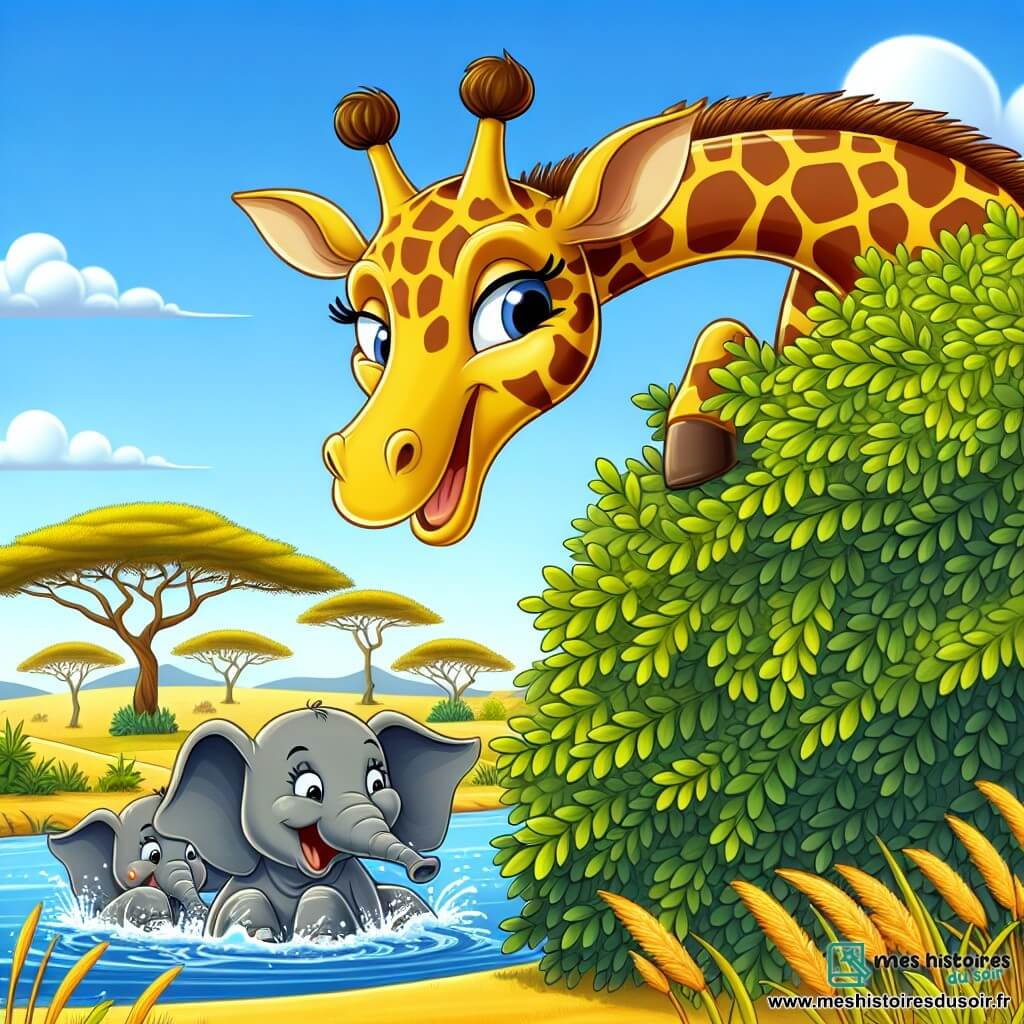 Une girafe nommée Giselle, avec un long cou et des taches dorées, se cache derrière un buisson, prête à jouer un tour aux autres animaux de la savane. À proximité, une famille d'éléphants se baigne joyeusement dans une rivière, riant et jouant, inconscients de la farce qui les attend. Le décor est une savane ensoleillée avec des acacias, des herbes dorées et un ciel bleu. Giselle s'apprête à faire un bruit énorme pour surprendre les éléphants, créant une atmosphère d'excitation et de joie.