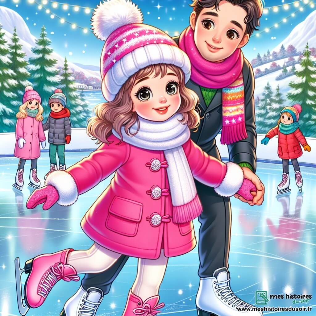 Léa, une petite fille de 10 ans, se tient sur la glace d'une patinoire en plein air, les yeux pétillants de joie et un sourire rayonnant. Elle porte un manteau rose, un bonnet blanc et des gants assortis, ses patins brillent sous le soleil d'hiver. Elle fait ses premiers pas sur la glace, hésitante mais déterminée. À ses côtés, Maxime Delcourt, un patineur de 25 ans, l'encourage avec un sourire, vêtu d'une combinaison noire et d'une écharpe colorée. Le décor enchanteur comprend un lac entouré de montagnes enneigées, avec des flocons de neige tombant doucement. Des familles patinent en arrière-plan, ajoutant à la magie de la scène. Léa, excitée et nerveuse, s'apprête à patiner autour de cônes colorés, tandis que Maxime l'encourage, créant un moment de partage sur la glace.