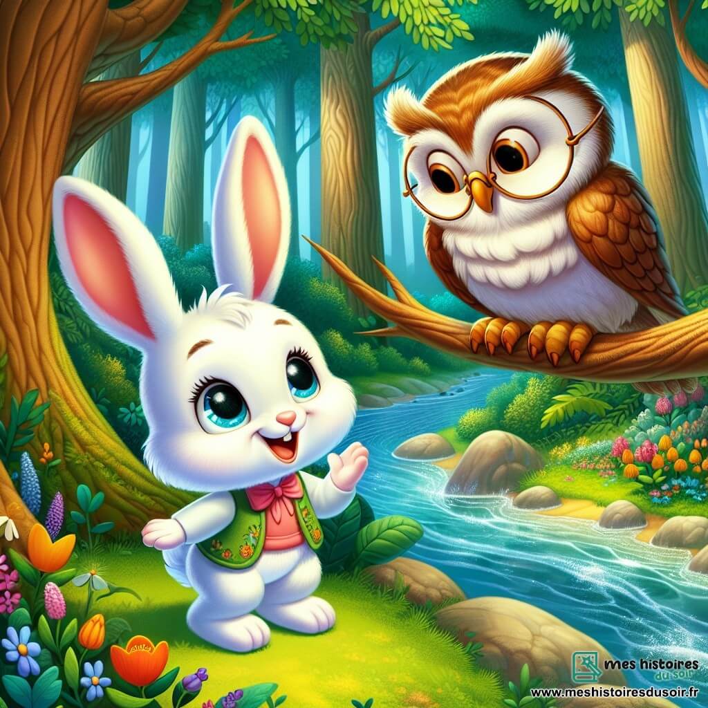 Un petit lapin blanc nommé Léo, aux grandes oreilles et aux yeux curieux, se tient debout sur ses pattes arrière, souriant en écoutant le vent à travers les arbres. À côté, un vieux hibou sage, avec des plumes brunes et des lunettes rondes, est perché sur une branche, affichant une expression bienveillante tout en hochant la tête comme s'il partageait un secret. La scène se déroule dans une forêt enchantée avec des arbres majestueux, des fleurs éclatantes et une rivière scintillante. Léo, captivé par les sons de la nature, écoute le murmure de la rivière et le chant du vent, découvrant la magie des histoires de la forêt.