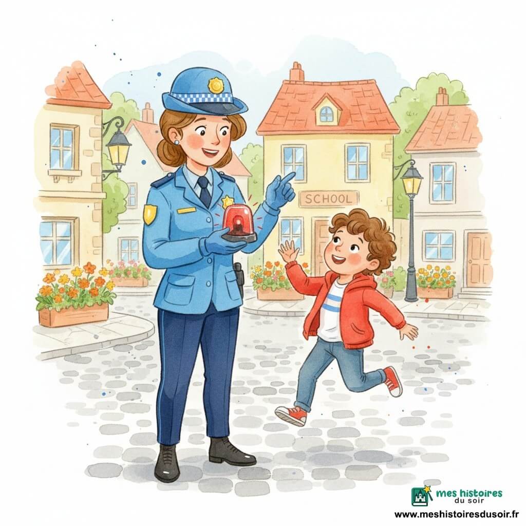 Lila, une policière souriante et confiante en uniforme bleu vif et grand chapeau rond, badge brillant, tient une petite sirène rouge clignotante en posture protectrice et accueillante pendant qu'elle explique la sécurité à Timothée, un garçon d'environ 6 ans aux cheveux châtain bouclés et veste rouge, qui la regarde émerveillé sur une place de village ensoleillée aux pavés gris, maisons pastel, école jaune, jardinières fleuries et lampadaire ancien ; scène douce et joyeuse aux couleurs chaudes, style aquarelle avec petites éclaboussures contrôlées.
