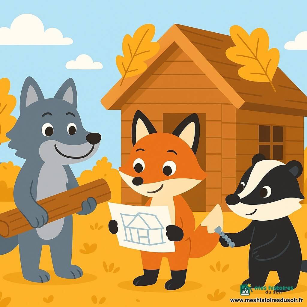 Lino, un petit loup au pelage gris doux et aux yeux pétillants, sourit avec fierté, tenant une planche de bois dans ses pattes. À côté de lui, Zoé, une renarde rousse aux yeux vifs, tient un plan de construction, concentrée et joyeuse. Milo, un blaireau au pelage noir et blanc, tend une vis à Zoé avec un air complice. Ils sont tous près d'une cabane en bois, décorée de feuilles dorées d'automne, dans la cour de l'école. Autour d'eux, des enfants animaux dansent en arrière-plan, sous un ciel bleu clair parsemé de nuages blancs moelleux. La scène est remplie de couleurs vives et de détails joyeux, illustrant l'harmonie et la coopération entre les personnages.