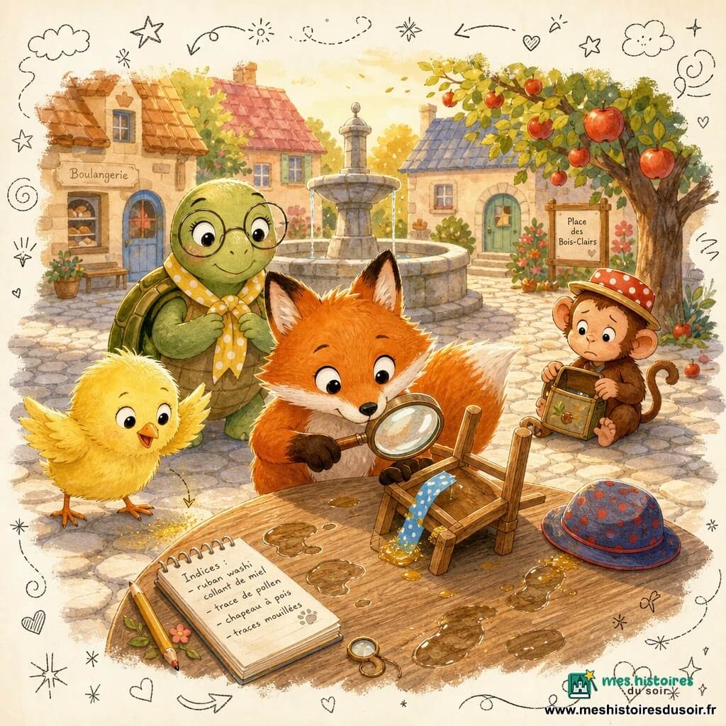 Lulu la renarde rousse aux yeux pétillants est au centre, souriante et concentrée, penchée sur une petite chaise renversée en tenant une loupe en bois; à gauche Piou le poussin jaune duveteux, étonné et joueur, montre une trace de pollen au sol; Tante Tortue, à carapace verte et mouchoir à pois jaunes, se tient en arrière, calme, et Marmoset Léon, petit singe brun au chapeau à pois rouges, un peu gêné, est assis près d’un pommier avec un petit sac ouvert à droite. Scène : place du village des Bois-Clairs au crépuscule (pavés crème, grande table ronde en bois, fontaine en pierre, maisons basses aux toits colorés, arbres fruitiers) ; petite enquête amicale autour d’indices (ruban washi collant de miel, chapeau à pois, traces mouillées), ambiance chaleureuse aux couleurs vives, contours doux, texture aquarelle avec petits doodles (flèches, loupe, notes).