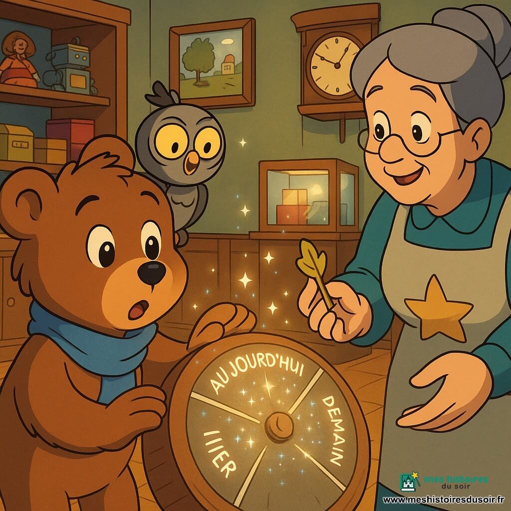 Marin, un jeune ours brun au pelage doux et à l’écharpe bleue, pose une patte sur un grand cadran en bois marqué "Hier / Aujourd'hui / Demain" qui luit d’une lumière argentée; la gardienne, une femme souriante aux cheveux gris rassemblés en chignon et portant un tablier brodé d’étoiles, lui tend depuis la droite une clé en forme de feuille; un petit robot-chouette métallique et lumineux, perché sur l’épaule de Marin, clignote de LED dorées en regardant le cadran; la scène se déroule dans un salon-musée chaleureux au parquet, étagères de jouets anciens, horloge aux aiguilles inverses et porte en vitrail laissant passer une lumière tamisée; au moment où Marin active le cadran, des étincelles argentées flottent, les cadres muraux projettent des images changeantes et l’atmosphère est magique, douce et centrée sur l’interaction entre Marin, la gardienne et le cadran.