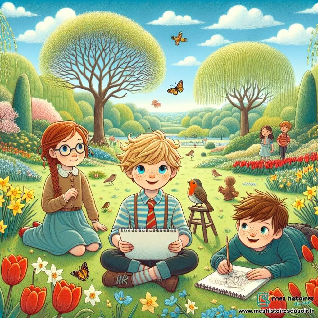 Un garçon de 10 ans, Lucas, aux cheveux blonds en bataille et aux yeux pétillants, est assis sur l'herbe d'un parc, souriant et tenant un carnet de croquis. À ses côtés, sa meilleure amie Camille, avec des cheveux bruns tressés et des lunettes rondes, admire son dessin, tandis que Tom, un autre garçon de 10 ans aux cheveux châtains et aux taches de rousseur, observe un rouge-gorge. Le parc est fleuri avec des tulipes rouges et des jonquilles jaunes, sous un ciel bleu parsemé de nuages blancs. La scène montre Lucas en train de dessiner le paysage printanier, entouré de ses amis, tous émerveillés par la beauté de la nature.