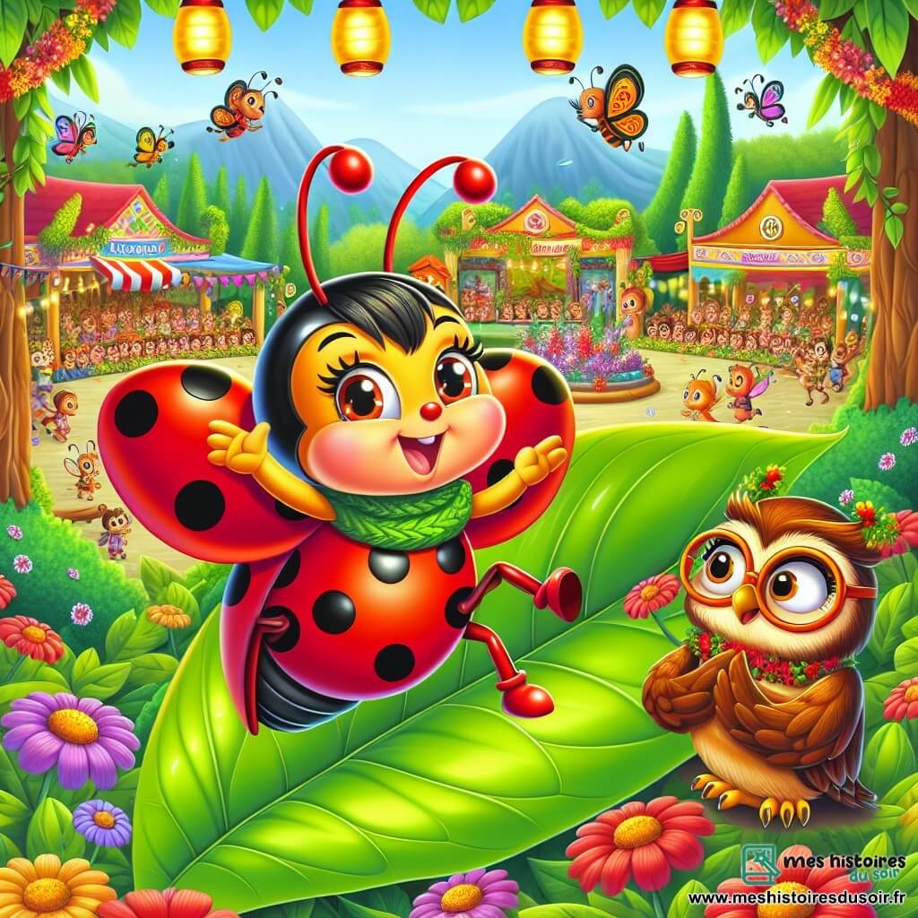 Une coccinelle joyeuse nommée Lili, avec des ailes rouges ornées de taches noires, est perchée sur une grande feuille verte, prête à s'envoler pour un concours de vol. À côté d'elle, un hibou sage aux plumes brunes observe la scène avec amusement, prêt à juger. En arrière-plan, une place du village colorée est décorée de fleurs et de lanternes, entourée d'arbres et de buissons fleuris, où d'autres animaux se rassemblent pour assister à la compétition. Lili s'élance dans les airs, prête à réaliser une figure acrobatique, tandis que les autres animaux applaudissent, créant une ambiance festive.