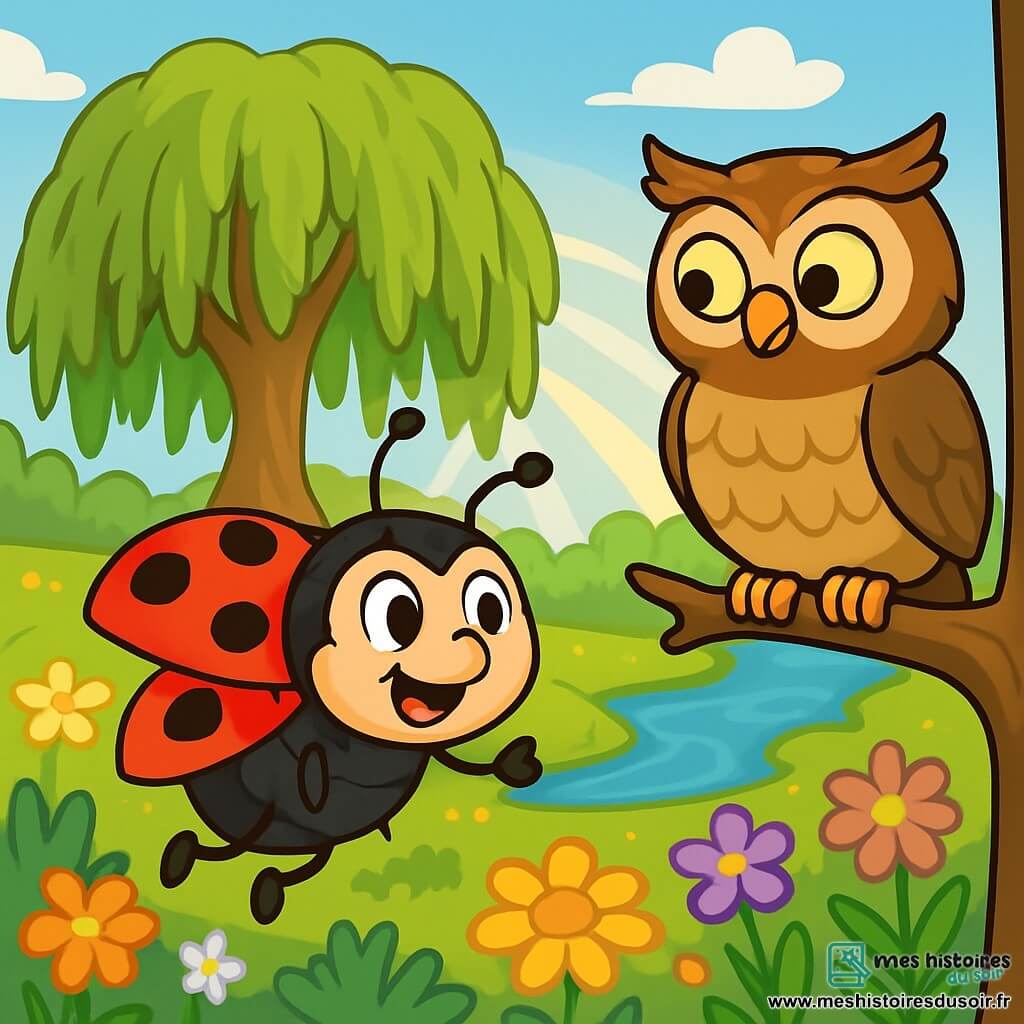 Célestine, une coccinelle joyeuse aux ailes écarlates et aux points noirs, vole au-dessus d’un champ de fleurs éclatantes, ses yeux curieux et émerveillés. À côté d'elle, Barnabé, un hibou sage au plumage brun et aux yeux dorés, se perche sur une branche, l'observant avec bienveillance. En arrière-plan, un saule majestueux se dresse au bord d’un ruisseau scintillant, entouré de fleurs sauvages et de rayons de soleil. Célestine, déterminée, s'approche du saule enchanté, prête à découvrir le secret de la perle de rosée éternelle.