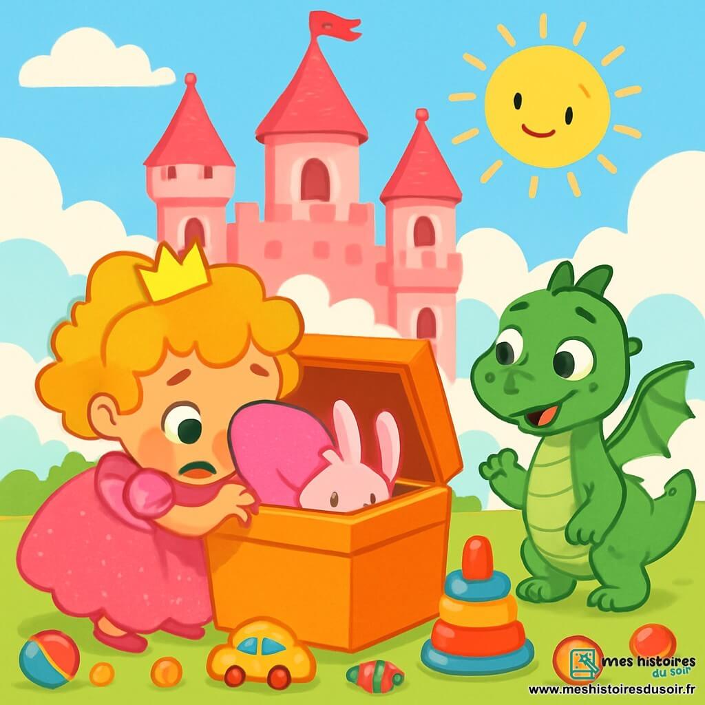 La princesse Gaufrette, une petite fille aux cheveux bouclés et dorés, porte une robe rose en guimauve qui scintille sous le soleil. Elle cherche son doudou-lapin dans sa boîte à jouets, tandis que son ami le dragon Pompom, un petit dragon vert aux écailles brillantes, l'observe avec curiosité. Le château en guimauve est entouré de nuages en coton et de bonbons colorés. Gaufrette plonge dans sa boîte à jouets, encouragée par Pompom à retrouver son doudou.