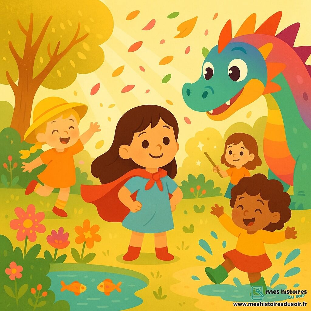 Il y a quatre enfants : Lucie, une fille de 4 ans avec de longs cheveux bruns et une cape rouge, se tient au centre, souriante. Chloé, à gauche, a des cheveux blonds en tresses et un chapeau jaune, sautillant joyeusement. Mia, à droite, a des cheveux bouclés et des bottes vertes, elle saute dans une flaque d'eau. Zoé, en arrière-plan, a des cheveux châtains et dessine des étoiles dans le sable avec une baguette de bois. Elles se trouvent dans un jardin magique, rempli de fleurs colorées, d'arbres dorés et d'un étang cristallin. Les quatre amies découvrent un dragon arc-en-ciel nommé Drako, entourées de pétales flottants, prêtes pour une aventure incroyable.