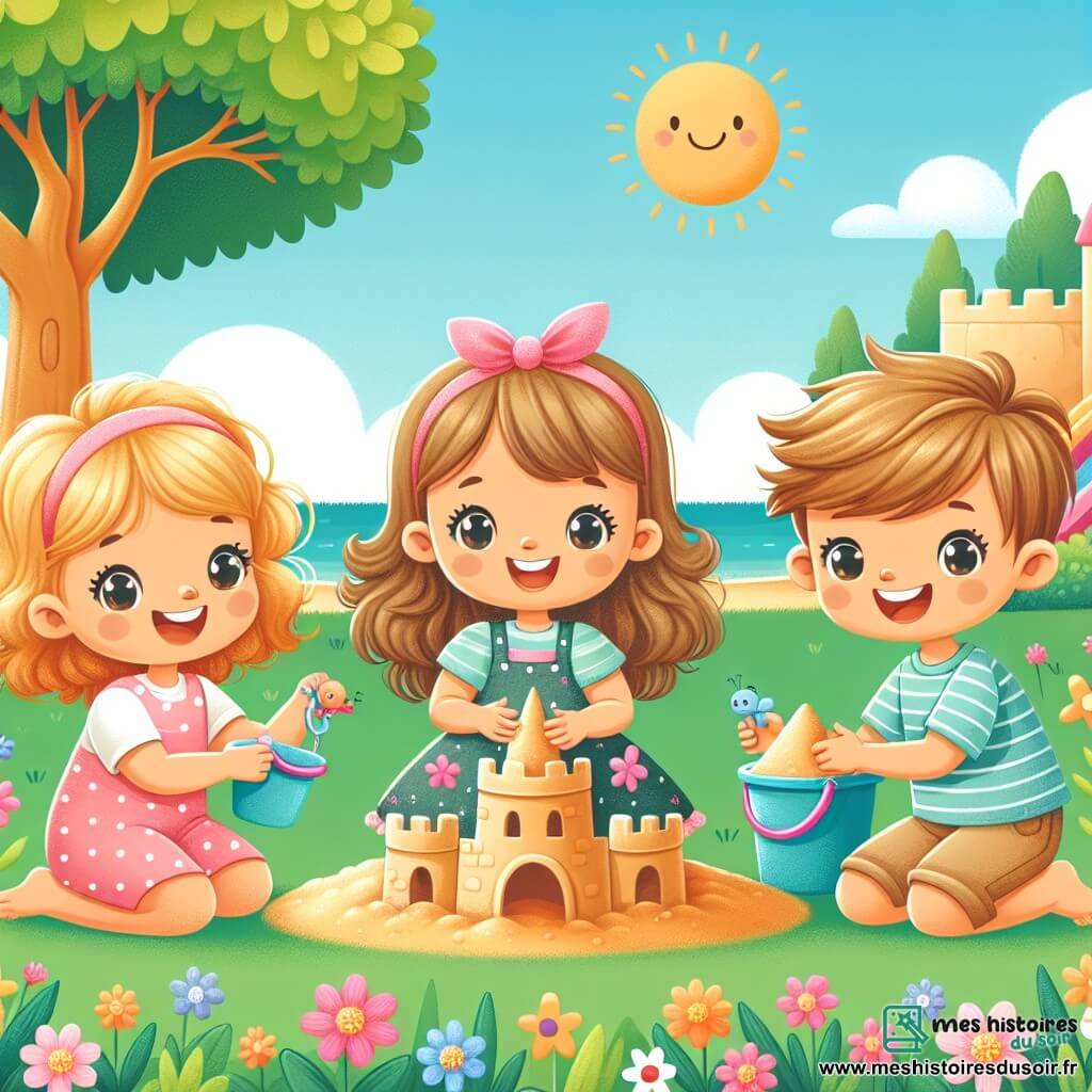 Trois enfants sont présents : Emma, une petite fille de trois ans avec des cheveux bouclés et dorés, porte une robe rose à pois blancs et est assise sur l'herbe, souriante avec un seau de sable. Léo, un garçon de trois ans aux cheveux blonds et aux yeux pétillants, porte un t-shirt bleu et un short beige et se tient à côté d'Emma, ajoutant du sable à leur château. Zoé, une petite fille de trois ans avec de longs cheveux noirs et un ruban rose, est accroupie près du château, tenant des coquillages colorés. Le parc est ensoleillé, avec des fleurs colorées et un grand arbre. Les enfants construisent ensemble un château de sable, riant et s’entraidant, symbolisant la magie de leur amitié.