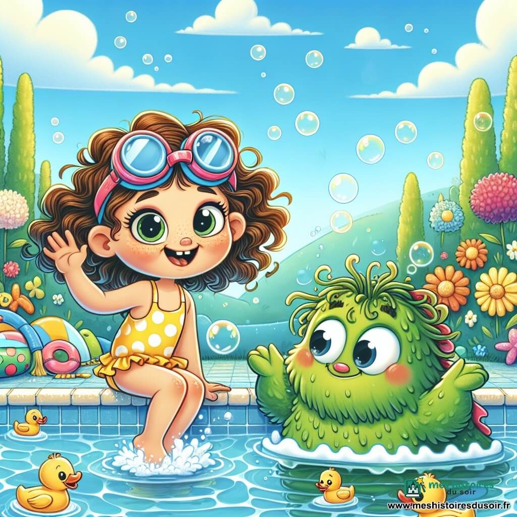 Une fille de 10 ans, Zoé, sourit avec émerveillement, portant une tenue de baignade à pois jaunes et des lunettes de natation sur le front. Elle est assise au bord d'une piscine scintillante, prête à plonger, tandis qu'un monstre de piscine nommé Marcel, vert et trapu, fait une révérence en éclaboussant l'eau. Le ciel est bleu avec des nuages, des canards colorés dansent sur l'eau, et des bulles de savon flottent. La piscine, entourée de fleurs et de jouets aquatiques, crée une ambiance joyeuse. Zoé et Marcel se préparent pour une aventure sous-marine, remplie de rires et de bulles.