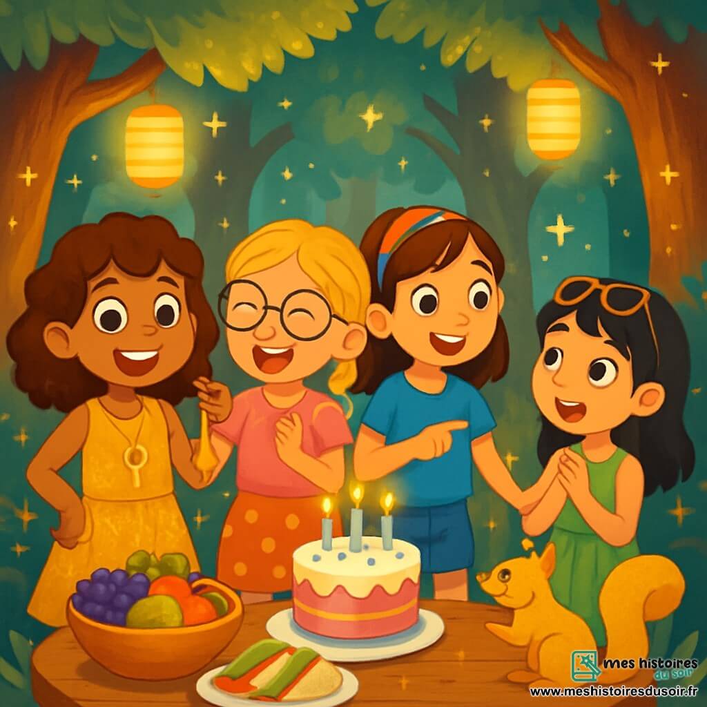 Quatre enfants célèbrent l'anniversaire de Clara dans une clairière enchantée au cœur d'une forêt magique. Clara, 10 ans, a des cheveux châtains bouclés et porte une robe dorée avec un pendentif en forme de clé. Émilie, également 10 ans, a des cheveux blonds tressés et des lunettes rondes, vêtue d'un t-shirt rose et d'une jupe à pois. Sophie, avec des cheveux bruns lisses et un bandeau coloré, porte un t-shirt bleu et un short en jean, pointant un écureuil doré. Jade, avec des cheveux noirs et des lunettes de soleil, est habillée d'une robe verte. La clairière est décorée d'une table avec un festin coloré et un gâteau d'anniversaire, tandis que des lanternes flottantes illuminent l'endroit. Les amies rient et s'émerveillent devant la surprise du festin, tandis qu'un écureuil les observe, ajoutant de la magie à ce moment.