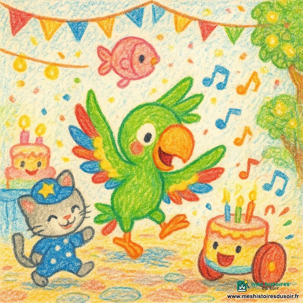 Paco le perroquet, joyeux et excité, danse au centre avec de grandes plumes vertes, rouges et jaunes et un bec orange brillant; à sa gauche, un petit chaton timide et souriant en costume bleu à pois tient sa patte en glissant, à sa droite un tambour roulant rouge avec cercles jaunes fait "boum" en laissant s'envoler des notes colorées, au-dessus flotte un poisson-balloon translucide rose aux nageoires dorées qui laisse tomber de petites vagues en forme de bonbons, et à l'arrière un gâteau chantant à trois étages pastel avec bougies souriantes est posé sur une table basse; le tout se passe dans une rue de carnaval pavée décorée de guirlandes, fanions, lampions, confettis et lucioles, créant une fête chaleureuse où les amis tournent autour de Paco tandis que la musique et les confettis flottent.