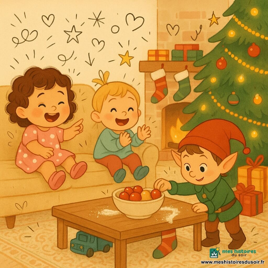 Trois personnages dans un salon de Noël chaleureux : Lila, 2 ans, cheveux bruns bouclés, robe rose à pois et chaussons roses, assise à gauche du canapé, rit et pointe un bol ; Nina, 2 ans, cheveux blonds en petite queue, pull bleu clair et chaussons bleus, assise à droite, applaudit et tend la main vers une chaussette près du sapin ; le Lutin Farceur, petit elfe au bonnet rouge, veste verte et bottines marron, est debout près de la table basse en train de déposer trois boules rouges et dorées dans un bol. Le salon comprend un grand sapin décoré de guirlandes dorées et lumières jaunes, une cheminée avec des chaussettes suspendues et des cadeaux au pied du sapin, un canapé crème, un tapis persan clair, une table basse en bois clair avec un trait de farine formant un petit chemin, et un petit camion-jouet bleu qui cache une chaussette. Ambiance joyeuse, couleurs chaudes rouges, verts et ors.