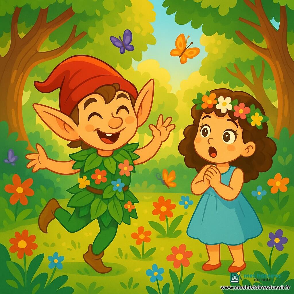 Un lutin joyeux avec de grandes oreilles pointues et des yeux malicieux danse dans une clairière enchantée, portant une tunique de feuilles et de fleurs. À ses côtés, une petite fille de 8 ans, aux cheveux bruns et bouclés, vêtue d'une robe légère et d'une couronne de fleurs, l'observe avec émerveillement. La clairière est illuminée par le soleil, entourée d'arbres majestueux et de fleurs colorées, tandis que des papillons multicolores volent autour d'eux. Ils découvrent ensemble un monde féerique, remplis d'enthousiasme et de curiosité, prêts pour une aventure inoubliable.