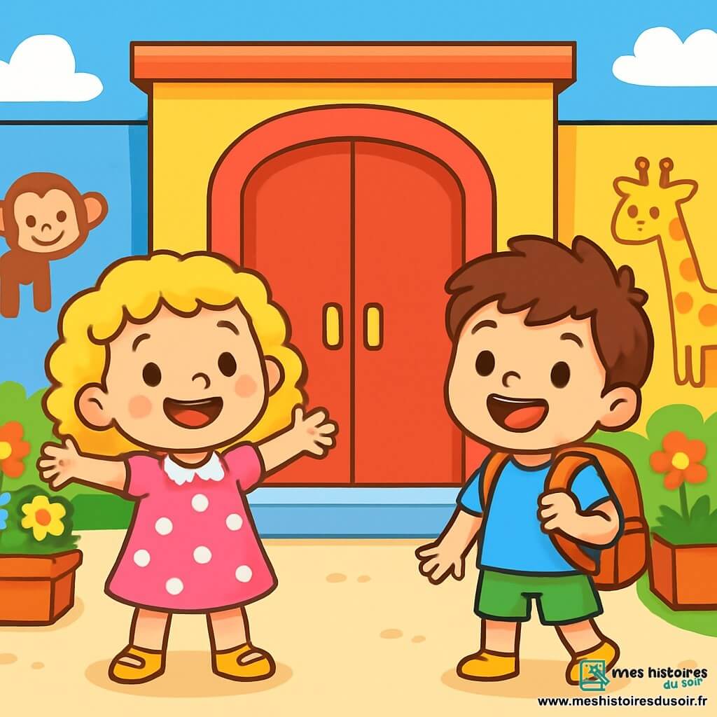 Léa, une fille de 6 ans aux cheveux blonds bouclés, porte une robe rose à pois blancs et des sandales jaunes. Elle sourit joyeusement devant la porte rouge de l'école. À ses côtés, Tom, un garçon de 6 ans aux cheveux bruns en bataille, est habillé d'un t-shirt bleu et d'un short vert, tenant un petit sac à dos orange. L'entrée de l'école est colorée, avec une grande porte rouge, des murs peints en bleu et jaune, des dessins d'animaux et des fleurs multicolores. Léa et Tom, excités et souriants, sont prêts à entrer dans leur nouvelle école pour la première fois.
