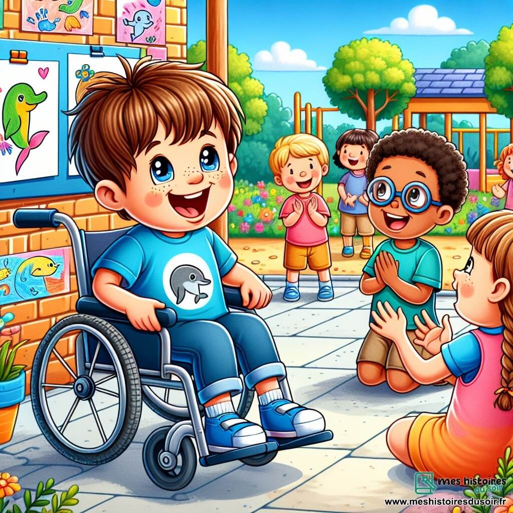 Lucas, un garçon de 6 ans souriant, est assis dans son fauteuil roulant. Il a des cheveux bruns en bataille et porte un t-shirt bleu avec un dessin de dauphin. Ses yeux pétillent d'excitation alors qu'il montre fièrement ses dessins à ses amis. À côté de lui, Thomas, également âgé de 6 ans avec des cheveux blonds et des lunettes rondes, applaudit tandis qu'Emma, une fille avec des tresses et une robe rose, le regarde avec admiration. Ils sont entourés d'un groupe d'enfants qui s'amusent dans une cour d'école ensoleillée, avec des arbres et des jeux colorés en arrière-plan. Des dessins d'animaux décorent un mur en briques. Lucas partage des histoires d'aventures imaginaires, créant une atmosphère de camaraderie et de joie.