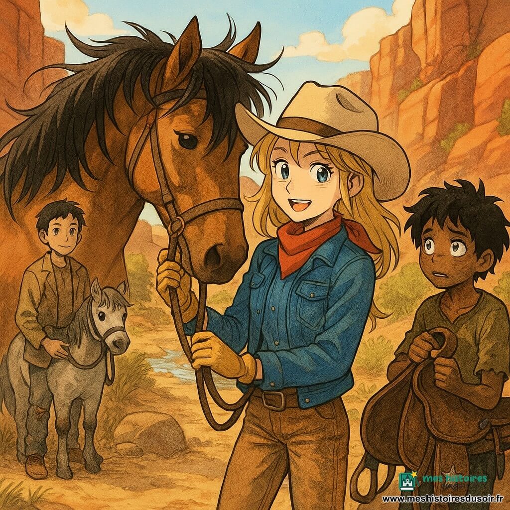 Lila, jeune cow-girl souriante mais déterminée, au chapeau beige, veste en denim et foulard rouge, tient la bride de son grand cheval brun Tornade tandis qu'elle reprend d'une main une selle en cuir brun ornée d'une petite étoile argentée; Toby, garçon d'une dizaine d'années au visage sale et aux cheveux en bataille, baisse la tête, soulagé, tenant encore la selle et se tenant en retrait près d'un rocher à droite; Sam, adolescent réservé en veste simple et pantalon rapiécé, tient en laisse un petit poney gris nommé Biscuit à l'arrière-plan gauche; la scène de réconciliation se déroule dans un canyon aux roches ocres et rouges, sentier poussiéreux, quelques buissons secs et un ruisseau au fond, sous un ciel bleu clair avec lumière dorée du soleil couchant; style manga doux, couleurs chaudes et contrastées, textures visibles du cuir, du bois et de la poussière, expressions lisibles et adaptées aux enfants.