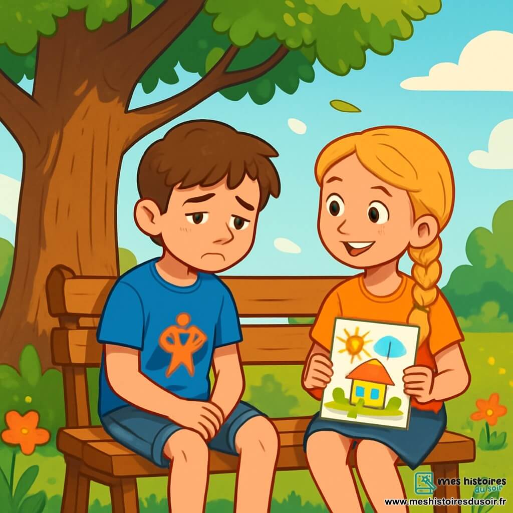 Un garçon de 12 ans, aux cheveux châtains et aux yeux brillants, est assis sur un banc en bois sous un grand chêne, affichant une expression mélancolique. Il porte un t-shirt bleu avec un motif de super-héros et un short en jean. À côté de lui, une fille de 11 ans, aux cheveux blonds tressés et aux yeux pétillants, le regarde avec compassion, tenant un dessin coloré. Le parc est ensoleillé, avec des feuilles vertes, des fleurs colorées et un ciel bleu parsemé de nuages. Le garçon se remémore son ami disparu, tandis que la fille lui tend son dessin, symbolisant l’amitié et le soutien.