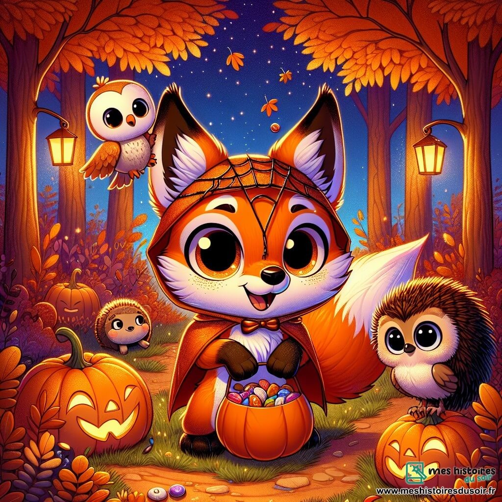 Un renard orange nommé Félix, avec de grands yeux curieux, se tient au centre d'une clairière illuminée par des lanternes en citrouille. Il porte un costume de renard-araignée fait de feuilles et sourit en tenant un sac de bonbons. À ses côtés, une chouette nommée Luna vole légèrement, affichant une expression d'excitation. Un hérisson nommé Hugo, avec un pelage brun, se tient près de Félix, souriant et tenant une noisette. La scène se déroule dans une forêt enchantée, avec des arbres aux feuilles dorées et des étoiles dans le ciel nocturne. D'autres animaux en costumes colorés s'amusent autour d'un feu de camp, créant une atmosphère festive d'Halloween.