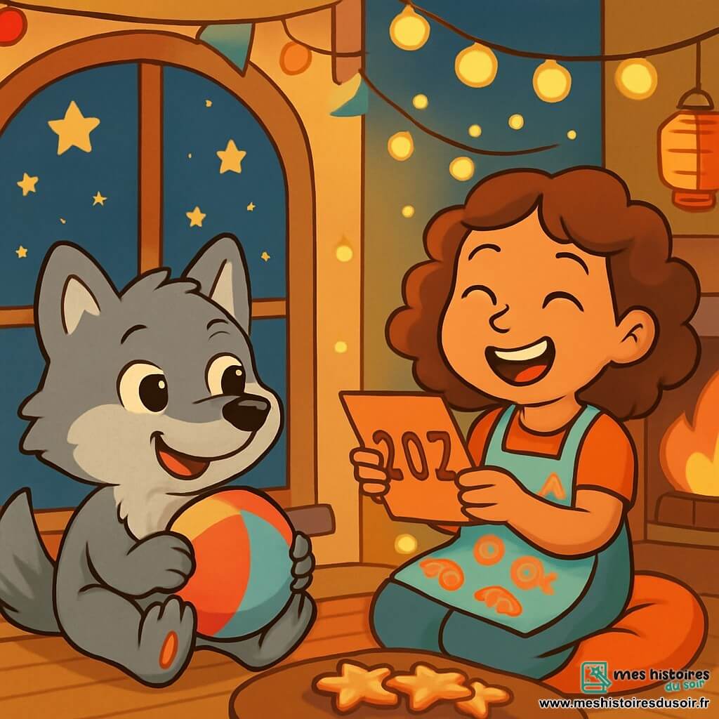 Un petit loup au pelage gris, avec des yeux malicieux et un large sourire, est assis près d'une fenêtre, émerveillé par les étoiles. Il tient un ballon coloré, prêt à le faire éclater pour une résolution de Nouvel An. À côté, sa grande sœur souriante, avec des cheveux bouclés et un tablier à motifs de bonbons, rit en lisant une résolution sur un papier coloré. Ils sont dans un salon chaleureux, décoré de guirlandes lumineuses et d'une cheminée crépitante. Des biscuits en forme d'étoiles ajoutent une touche festive. Le petit loup et sa sœur partagent un moment joyeux, prêts à célébrer le Nouvel An.