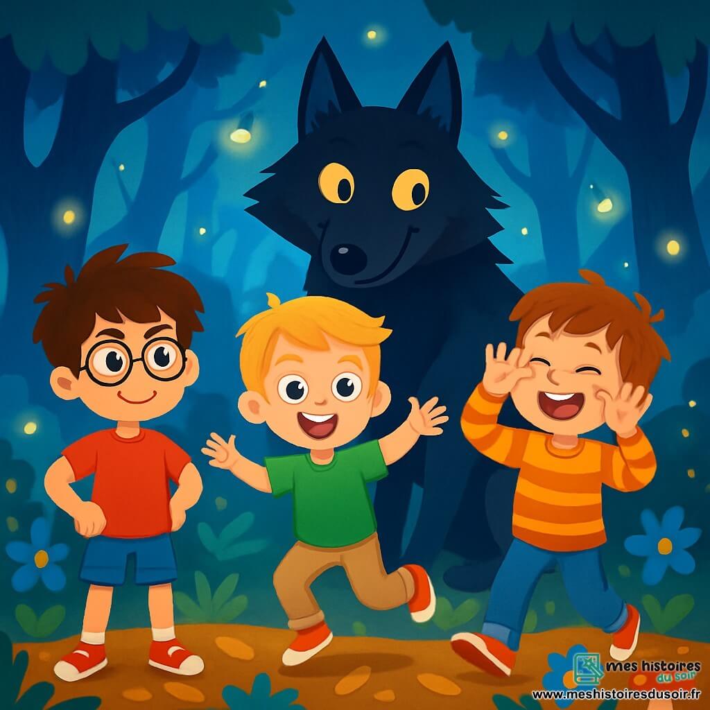 Quatre personnages sont présents : Paul, un garçon de 10 ans avec des cheveux bruns en bataille et des lunettes rondes, portant un t-shirt rouge et un short bleu, se tient à gauche avec un sourire déterminé. Tom, également âgé de 10 ans, aux cheveux blonds et aux yeux pétillants, est au centre, prêt à sauter, vêtu d’un t-shirt vert et d’un pantalon beige. Hugo, un garçon de 9 ans avec des cheveux châtains et des taches de rousseur, se trouve à droite, riant et faisant une grimace, vêtu d’un pull à rayures et d’un jean. Le Loup, une grande créature noire avec un pelage brillant et des yeux jaunes, est légèrement penché en avant au centre, affichant un sourire amical. L'action se déroule dans le Bois aux Fumées Bleues, une forêt magique avec une brume bleuâtre, des lucioles scintillantes et des fleurs colorées. Les garçons et le loup rient ensemble, se tenant la main, entourés de magie et prêts pour une nouvelle aventure, avec des lucioles dansant autour d'eux.