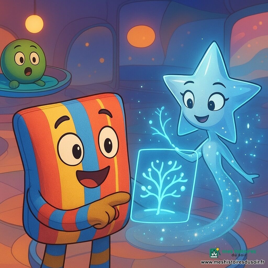 Zébulon, coussin rayé anthropomorphe joyeux et concentré, pointe une image holographique avec une petite patte textile ; à sa droite Nova, étoile filante holographique élégante et souriante au corps argenté semi‑translucide, ajuste une projection lumineuse ; un coussin vert rond, joueur et étonné, observe en arrière‑plan depuis une loge suspendue ; la scène se déroule sur une plateforme ronde transparente flottant au‑dessus d’une esplanade avec passerelles translucides et sièges colorés, tandis que Zébulon et Nova préparent un spectacle d’hologrammes — poissons‑lumière et branches de néon — dans une ambiance magique aux couleurs chaudes et perspective légèrement en plongée.