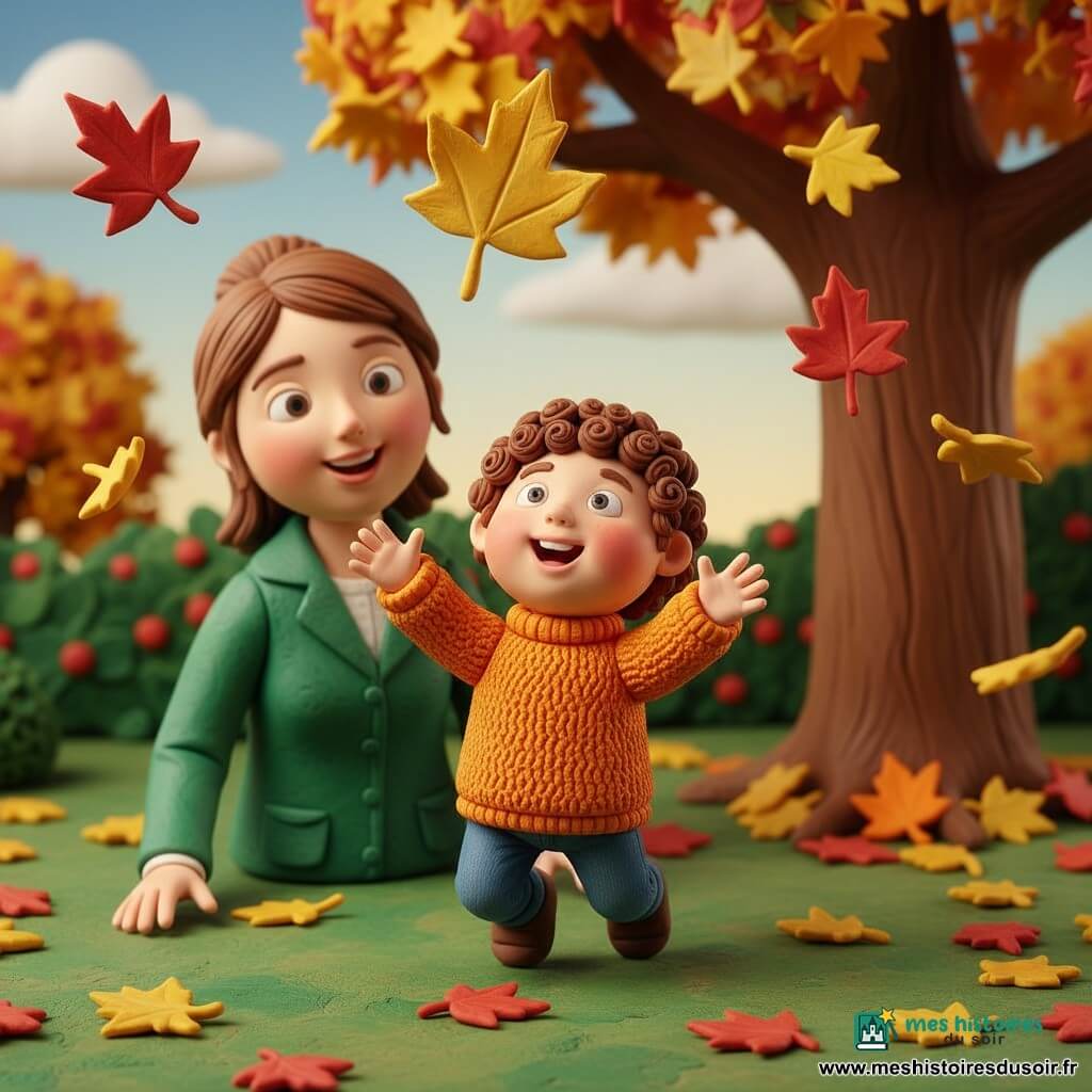 Garçon de 2 ans, joyeux, cheveux bruns bouclés et pull orange, saute et tend la main pour attraper une grande feuille dorée qui descend lentement, sa maman d'environ 30 ans, souriante, cheveux châtains attachés et veste verte, se tient juste derrière prête à l'aider, dans un jardin d'herbe verte parsemé de feuilles rouges, jaunes et brunes, avec un grand arbre au tronc texturé et un ciel doux d'automne ; des feuilles tourbillonnent autour d'eux ; style pâte à modeler avec empreintes et coutures visibles, éclairage chaud, couleurs saturées et formes simples.