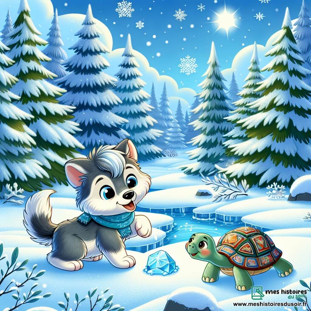 Dans une forêt enchantée, un petit loup nommé Luma, avec un pelage argenté brillant sous le soleil d'hiver, saute joyeusement dans la neige fraîche, ses yeux pétillants de curiosité. À ses côtés, une sage tortue nommée Tula, avec une carapace colorée, sourit doucement, assise sur un rocher enneigé, observant Luma avec bienveillance. Le décor est une clairière magique, entourée de sapins chargés de neige, où des flocons scintillants tombent du ciel bleu. La scène montre Luma grattant la glace d'un ruisseau gelé, découvrant les merveilles de l'hiver, tandis que Tula lui explique les secrets de la nature, remplissant l'air de joie et d'apprentissage.