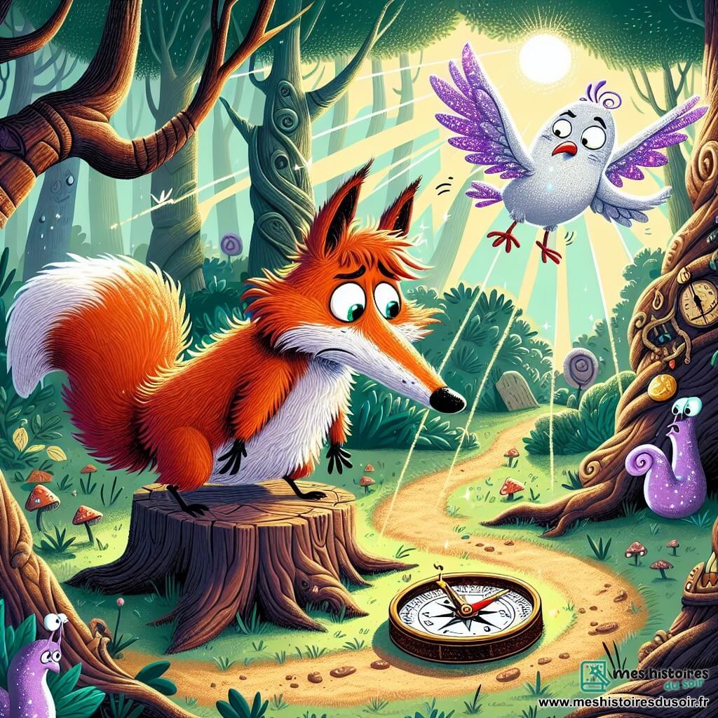 Filou, un renard aux poils roux ébouriffés et à la queue touffue, se tient sur une souche en bois, inquiet mais déterminé, regardant la Boussole Grognonne à ses pieds, qui a une expression boudeuse. À proximité, Pépito, un pigeon magique aux plumes violettes, vole en cercles au-dessus de lui, l'air préoccupé. La scène se déroule dans la Forêt des Soupirs, où des arbres aux troncs tordus murmurent des secrets sous des rayons de soleil. Filou se prépare à affronter une horde de limaces dansantes qui s'approchent, créant une situation drôle et palpitante.
